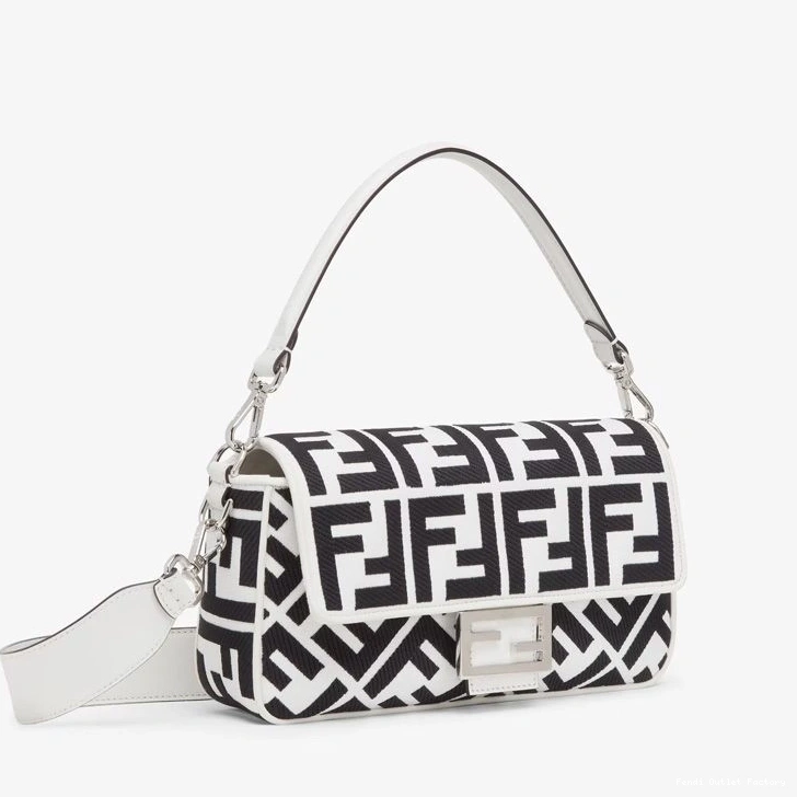 Vintage HOT Fendi Bag White Medium FF Black Baguette Motif In Canvas 0823